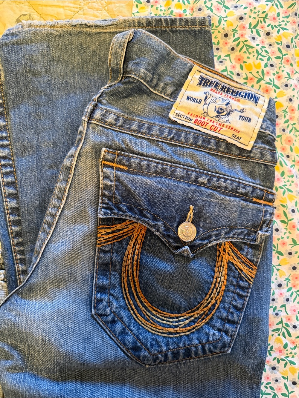 True Religion Women's Medium Blue Boot Cut Jeans with Gold Stitching